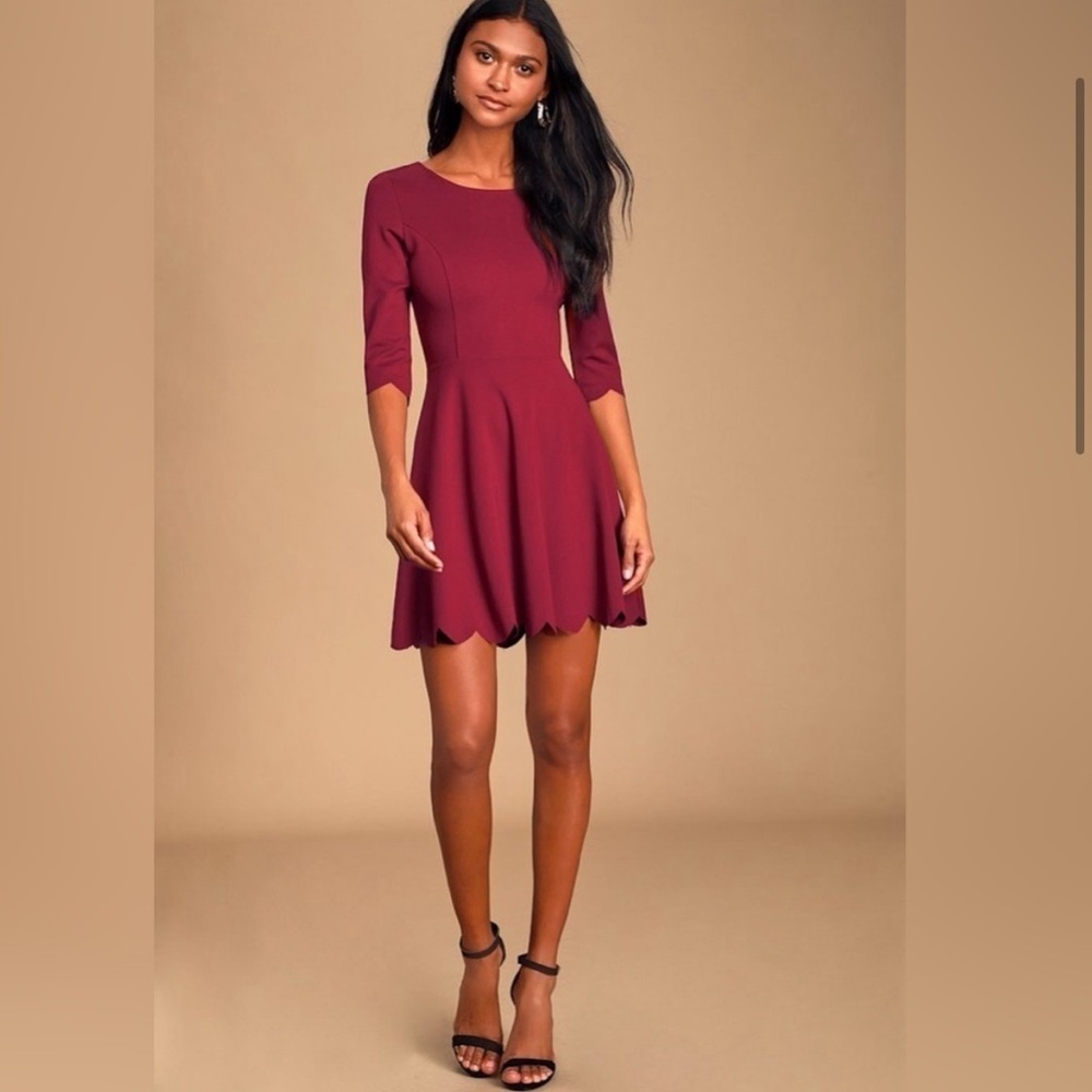 NWT Lulu's Holiday Clouds Burgundy Skater Dress Scallop Hem Size Large